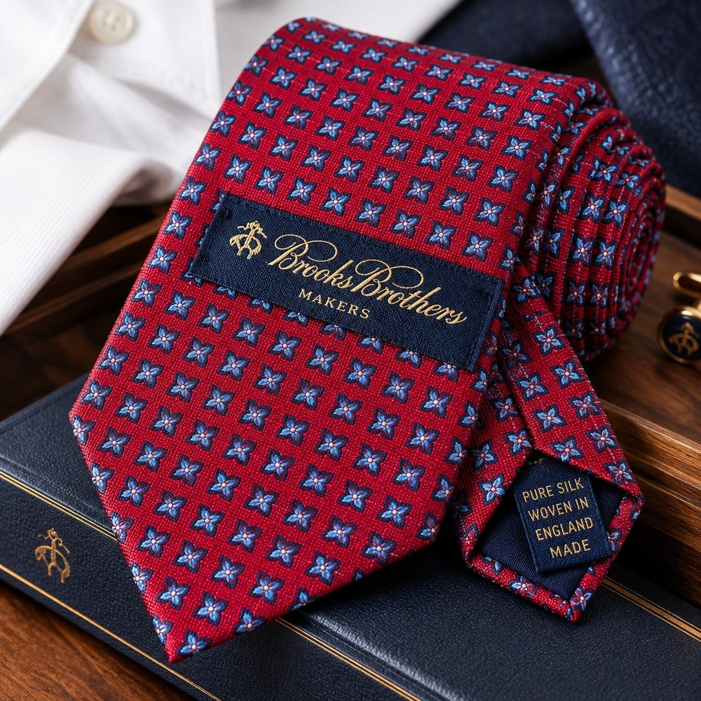 Brooks Brothers Makers Mens Red Blue Beige Silk Geometric Medallion Necktie